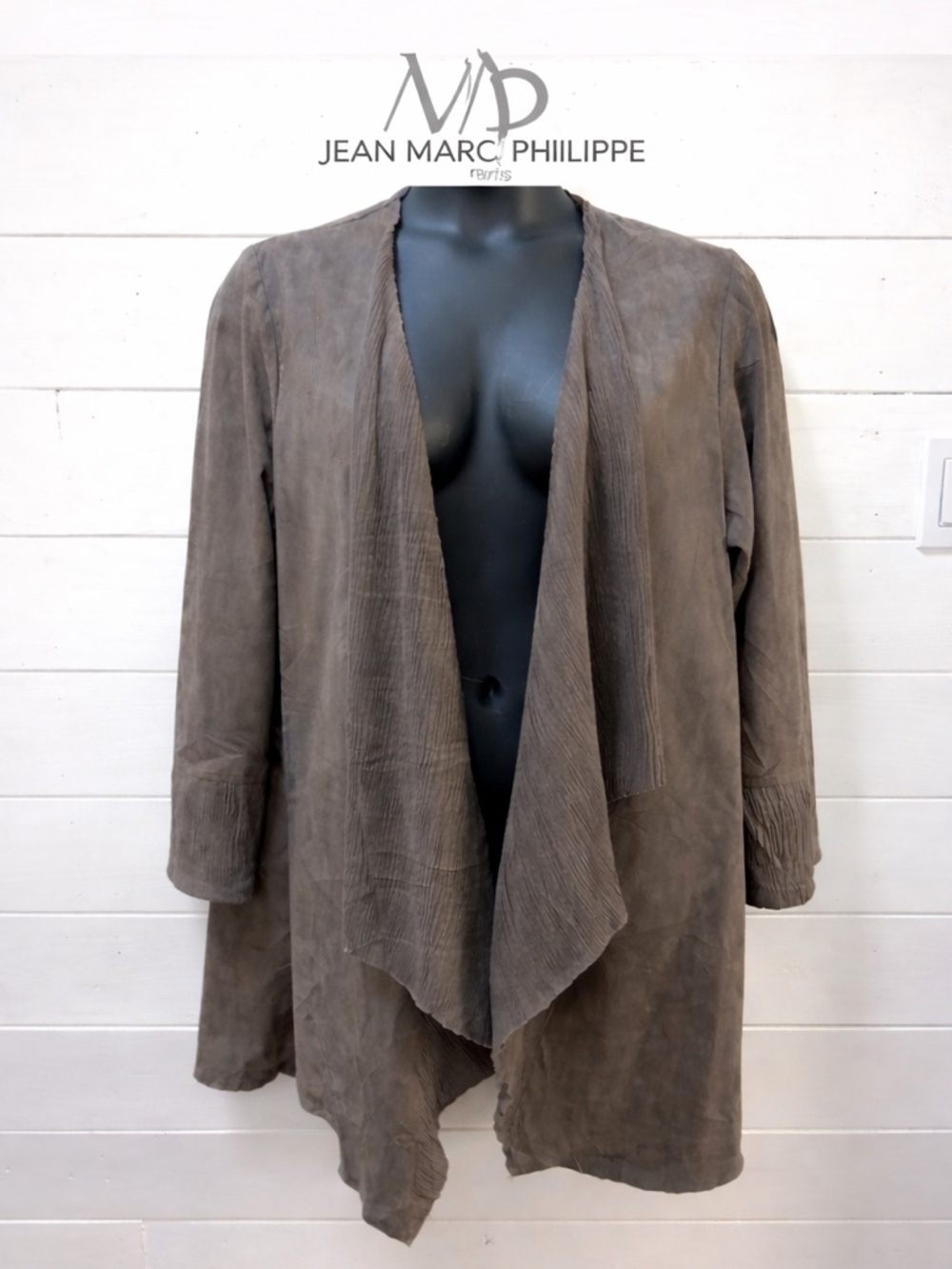 TAUPE OPEN-FRONT SUEDE-EFFECT JACKET – JEAN-MARC PHILIPPE (SIZE 8) 2X estimated